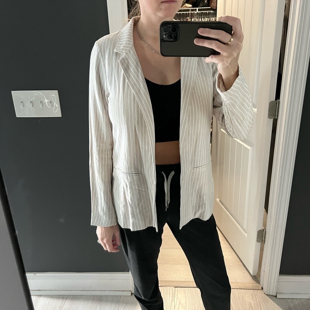 New Women's Abercrombie Linen Blazer in Tan & White Stripe